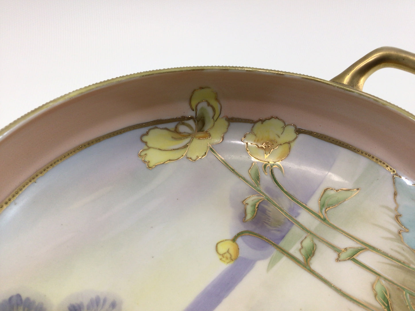 Antique Quality Nippon Porcelain Ceramic 7" Bowl with Hand Painted Yellow Poppy Floral Motif and Accents