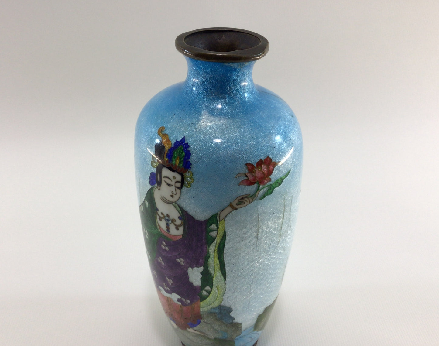 Antique Hand Painted 7" Cloisonne  Brass Bud Vase