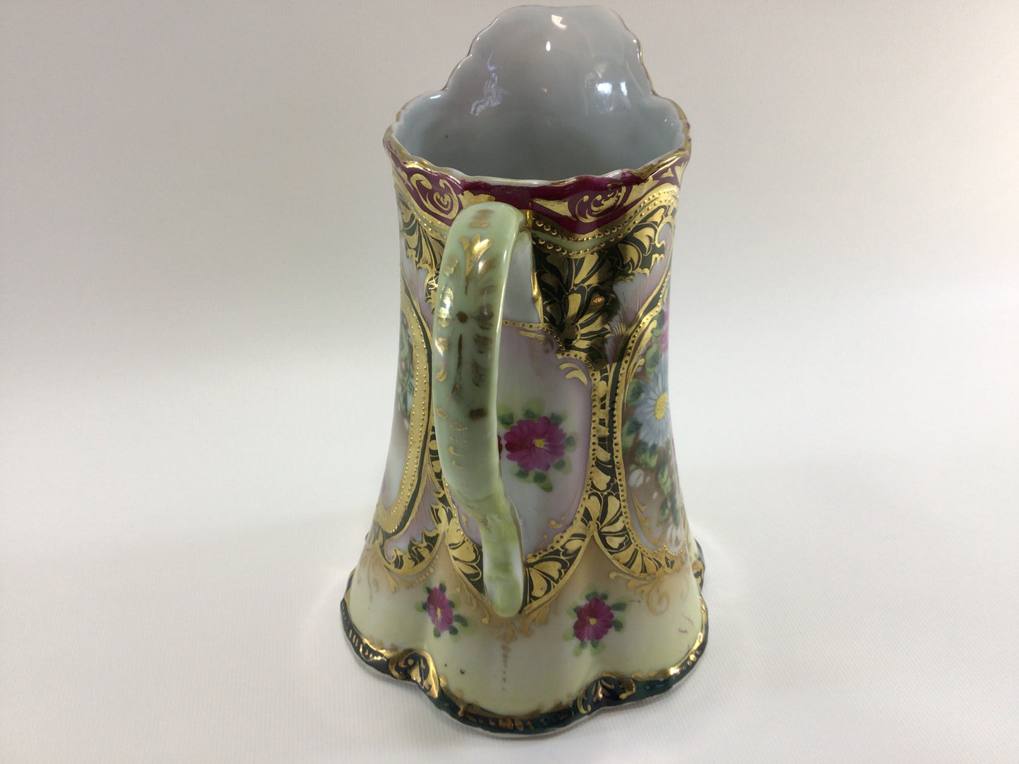 Bavarian Ceramic Pottery 8" Jug Milk Pitcher Hand Painted with Gold Gilt Accents Antique Dining Decor