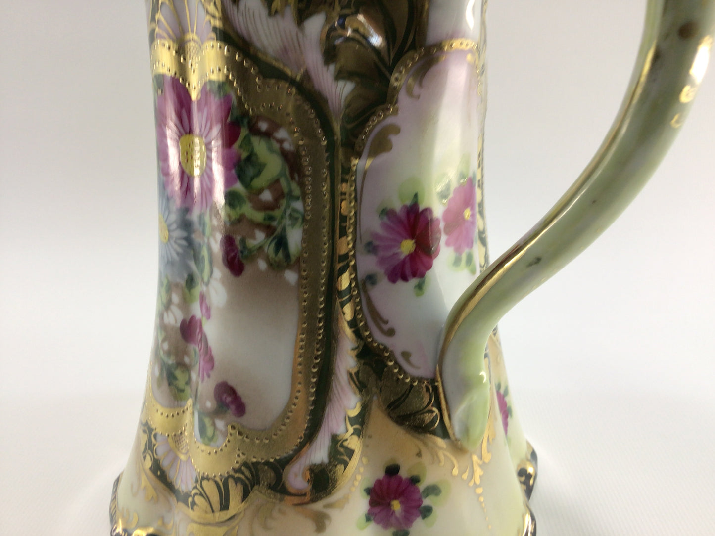 Bavarian Ceramic Pottery 8" Jug Milk Pitcher Hand Painted with Gold Gilt Accents Antique Dining Decor