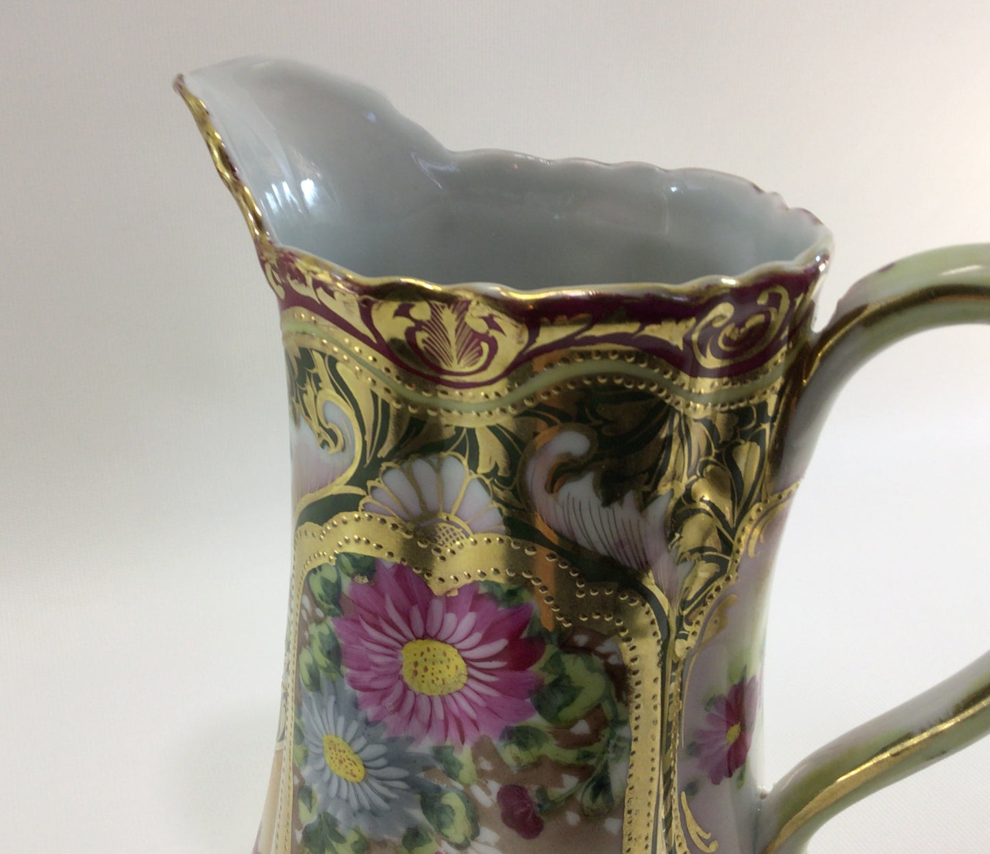 Bavarian Ceramic Pottery 8" Jug Milk Pitcher Hand Painted with Gold Gilt Accents Antique Dining Decor