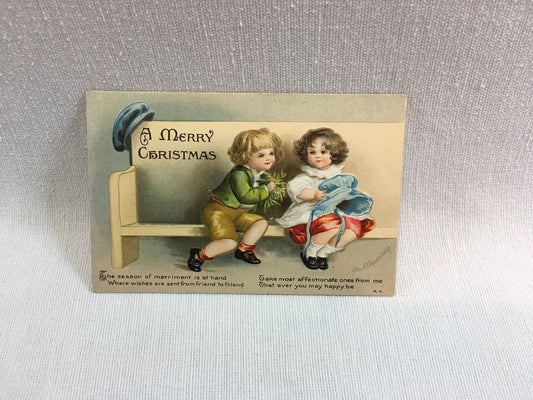 Antique Christmas Postcard Ellen Clapsaddle International Art Children on Bench