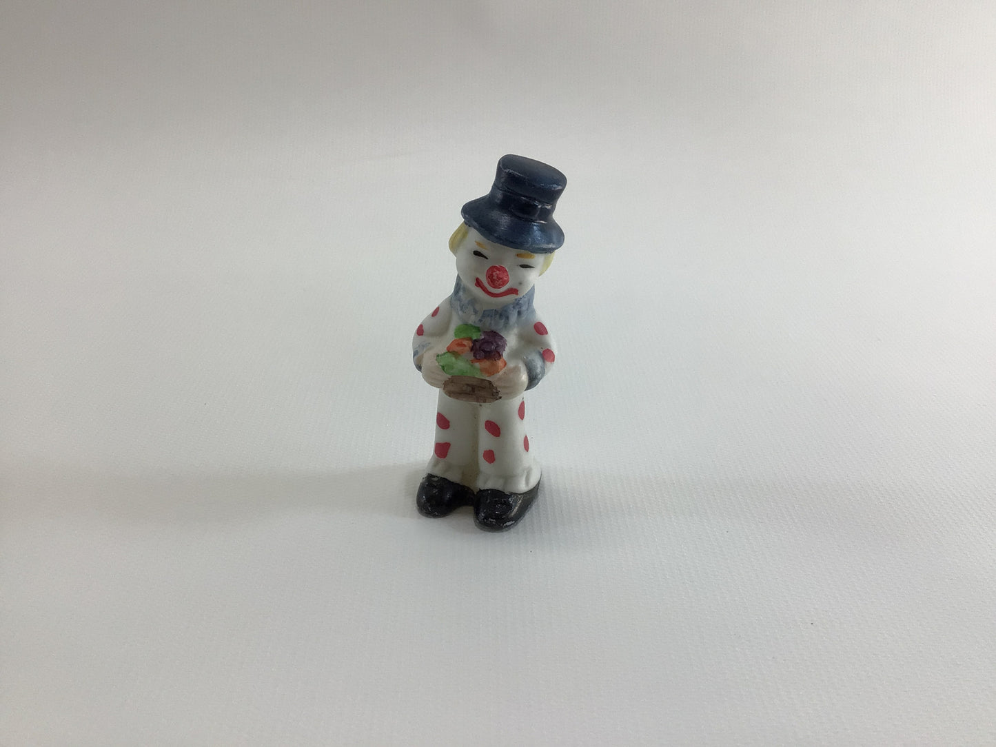 Cracker Jack Prize Clown with Fruit Basket 1930s Vintage Miniature Toy Frozen Charlotte Style Bisque Ceramic Doll Made in Japan