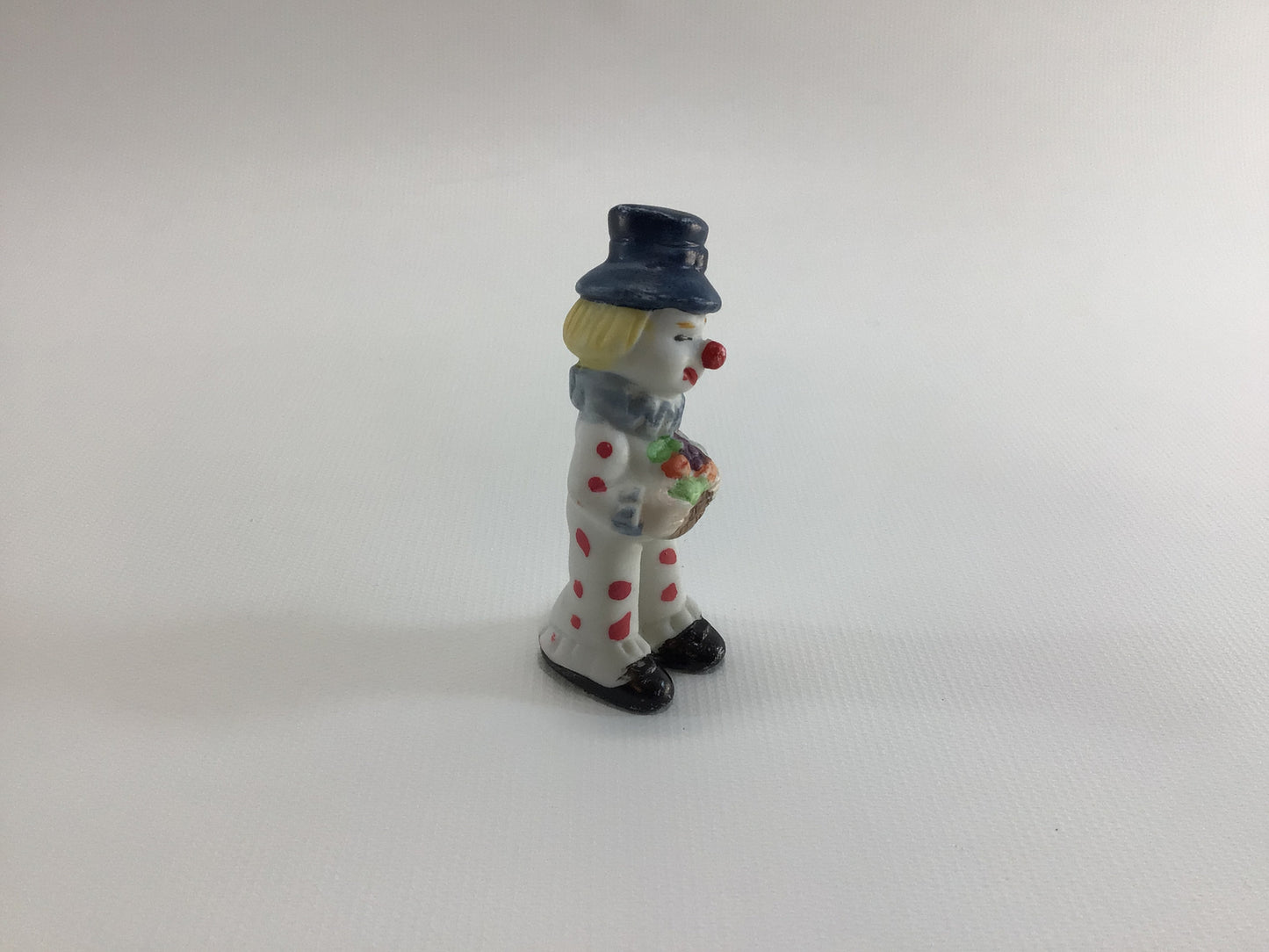 Cracker Jack Prize Clown with Fruit Basket 1930s Vintage Miniature Toy Frozen Charlotte Style Bisque Ceramic Doll Made in Japan