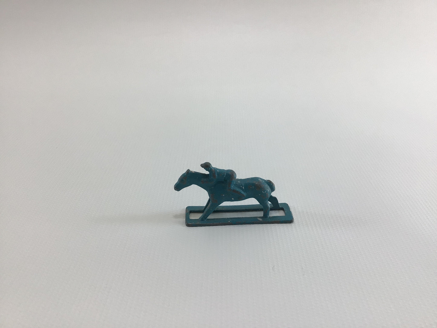 Cracker Jack Prize Equestrian Horse and Jockey 1930s Vintage Miniature Toy Light Blue Cold Paint Pot Metal Stand Up