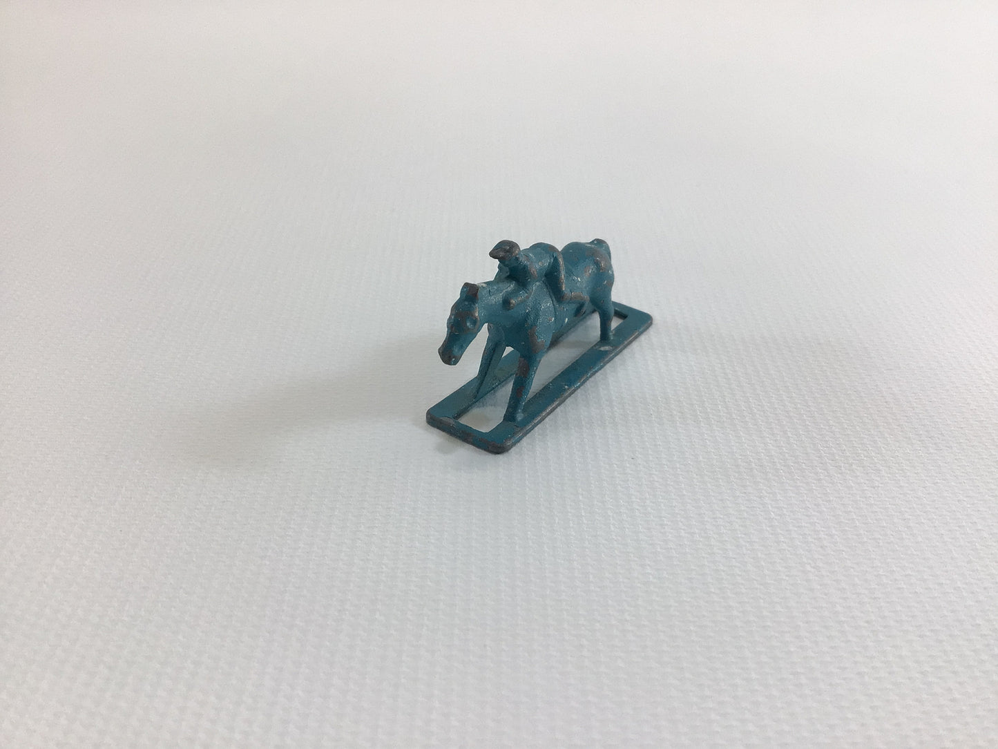 Cracker Jack Prize Equestrian Horse and Jockey 1930s Vintage Miniature Toy Light Blue Cold Paint Pot Metal Stand Up