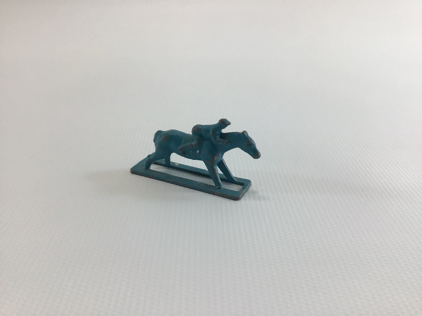 Cracker Jack Prize Equestrian Horse and Jockey 1930s Vintage Miniature Toy Light Blue Cold Paint Pot Metal Stand Up