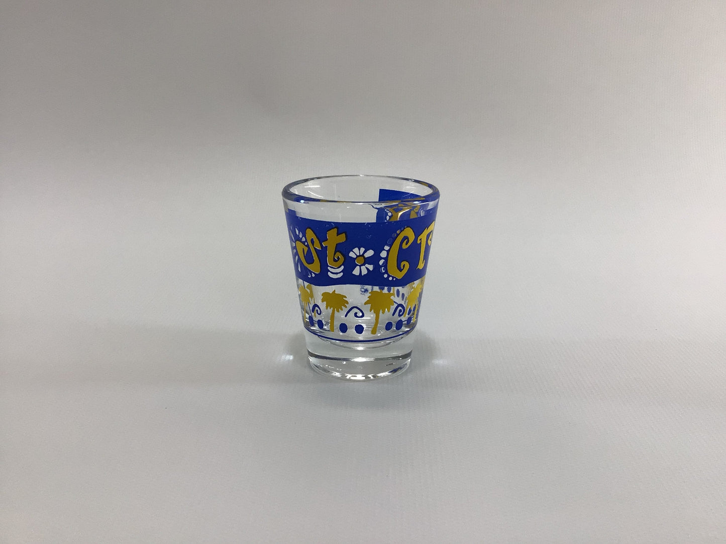 St Croix Souvenir Shot Glass Blue Yellow Jigger Measure Vintage Barware