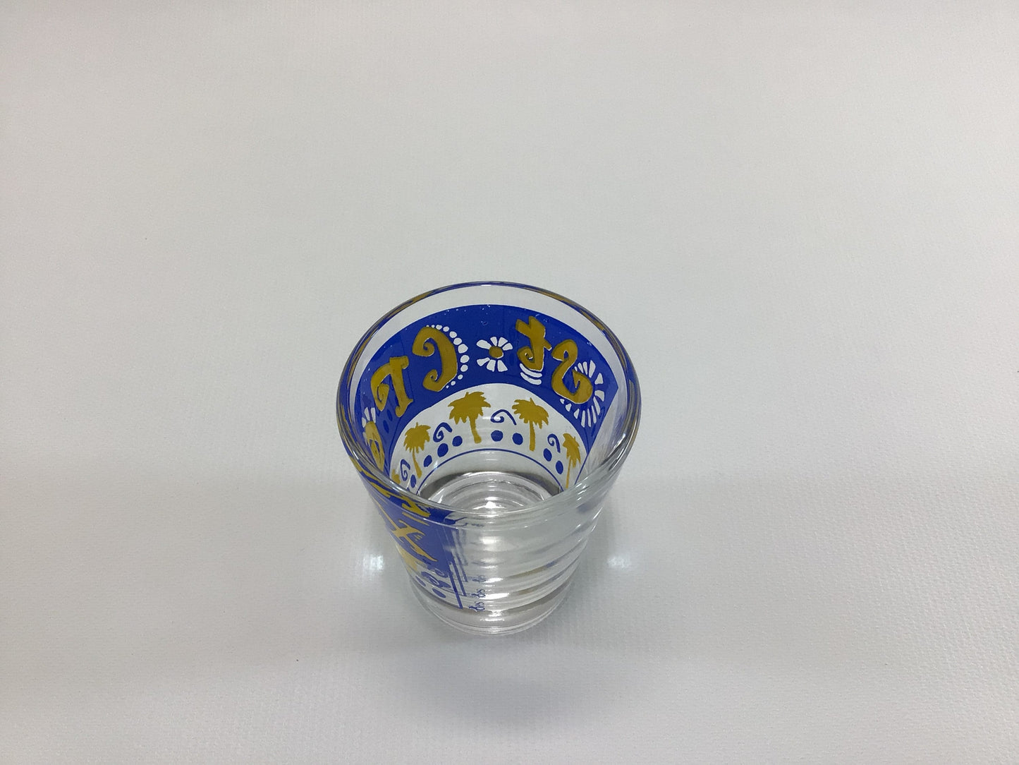 St Croix Souvenir Shot Glass Blue Yellow Jigger Measure Vintage Barware