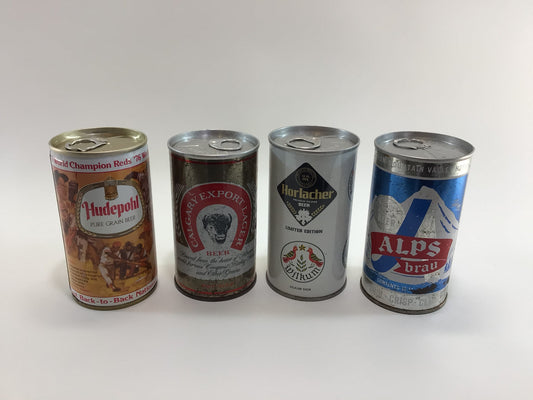 12 oz Beer Can Lot of 4 Vintage 1970's Breweriana Advertising Collectibles Alps Hudepohl Horlacher Calgary