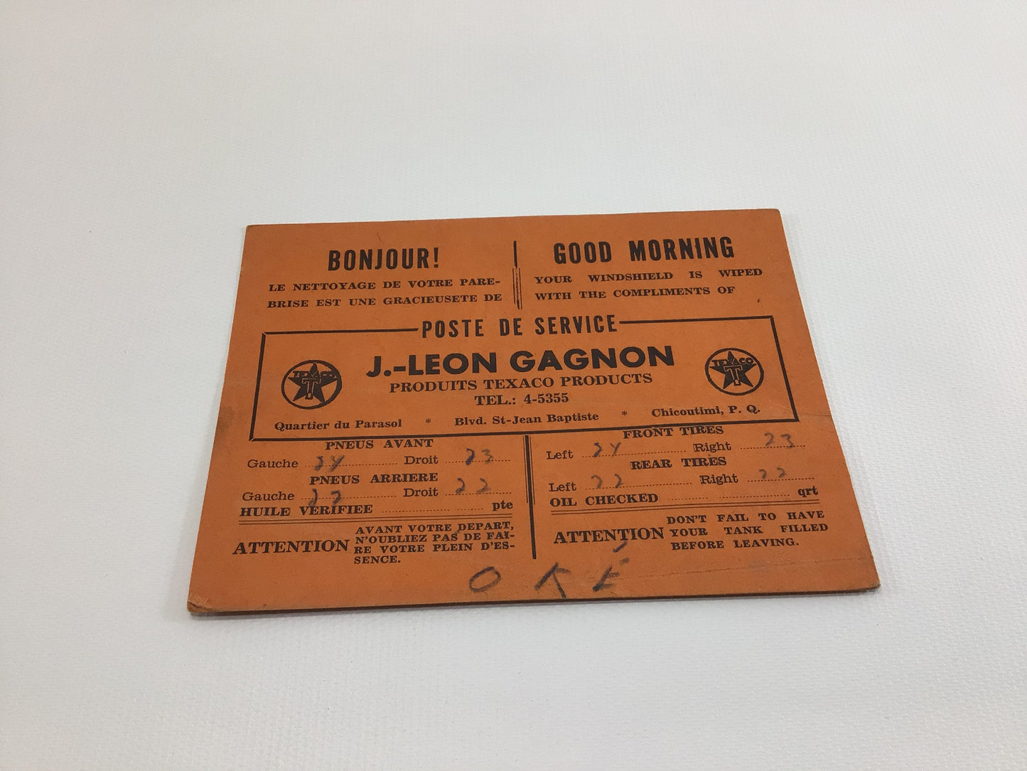 Texaco Gas Station Service Card Vintage Quebec Canada Petroliana Ephemera