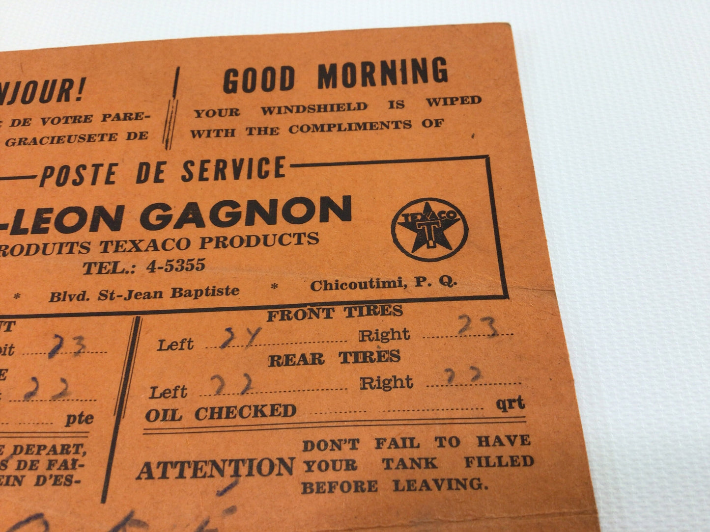 Texaco Gas Station Service Card Vintage Quebec Canada Petroliana Ephemera