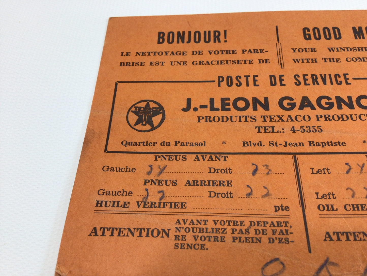 Texaco Gas Station Service Card Vintage Quebec Canada Petroliana Ephemera