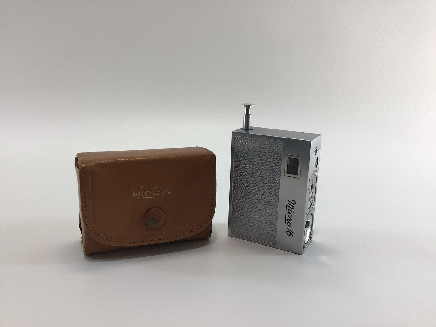 Transistor Radio Spy Camera Vintage Whittaker MICRO 16 with Leather Case and Undeveloped Roll of Subminiature 6 x 16mm Film