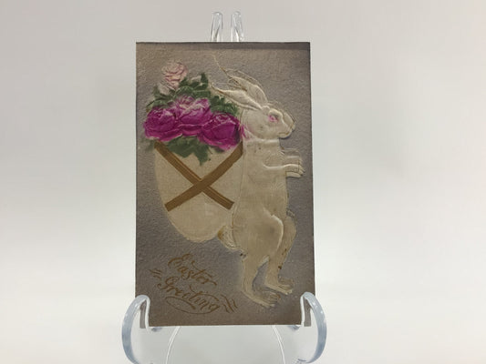 Antique Easter Novelty Postcard Applique Bunny with Basket and Embossed Airbrush Purple Roses