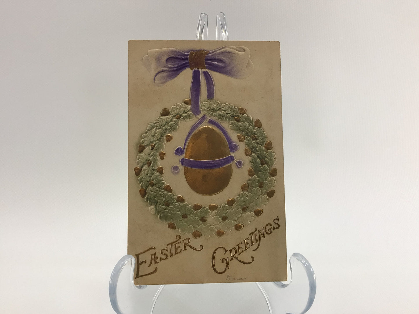 Antique Easter Novelty Postcard Embossed Airbrush Hanging Egg and Wreath