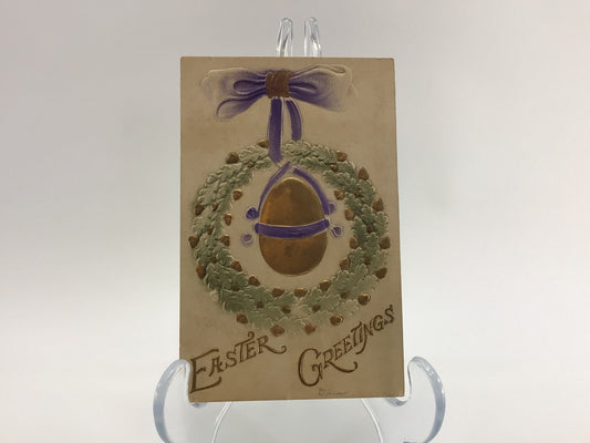 Antique Easter Novelty Postcard Embossed Airbrush Hanging Egg and Wreath