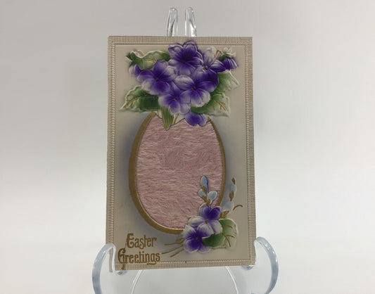 Antique Easter Novelty Postcard Embossed Airbrush Pink Fabric Egg with Applique Flowers