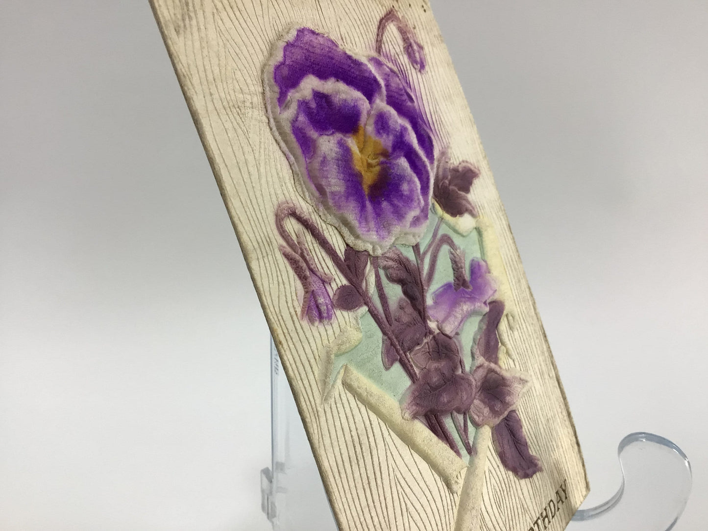 Antique Birthday Novelty Postcard Ephemera Embossed Faux Woodgrain Purple Applique Airbrush Flowers