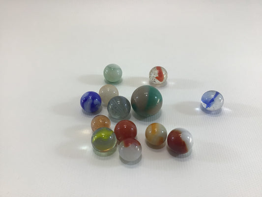 Assorted Toy Marbles Lot of 13 Includes One Opaque Green Swirl Shooter Vintage Pre 70s Machine Made