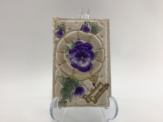 Applique Novelty Birthday Postcard Antique Ephemera Embossed Fabric with Purple Airbrush Flowers