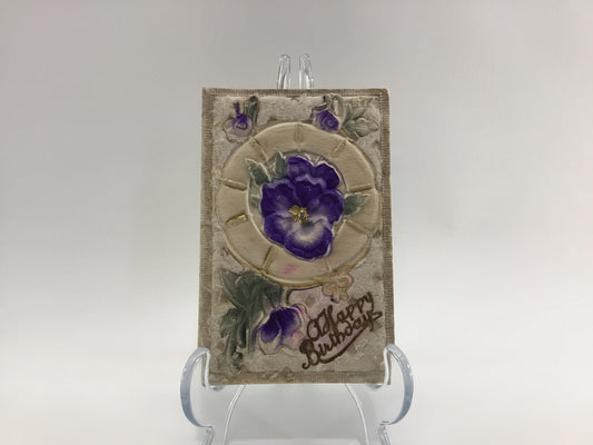 Applique Novelty Birthday Postcard Antique Ephemera Embossed Fabric with Purple Airbrush Flowers TIC Made in Germany