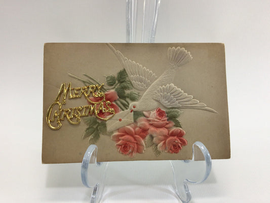 Applique Novelty Christmas Postcard Antique Ephemera Airbrush Embossed Pink Roses with Applied Metal Embellishment