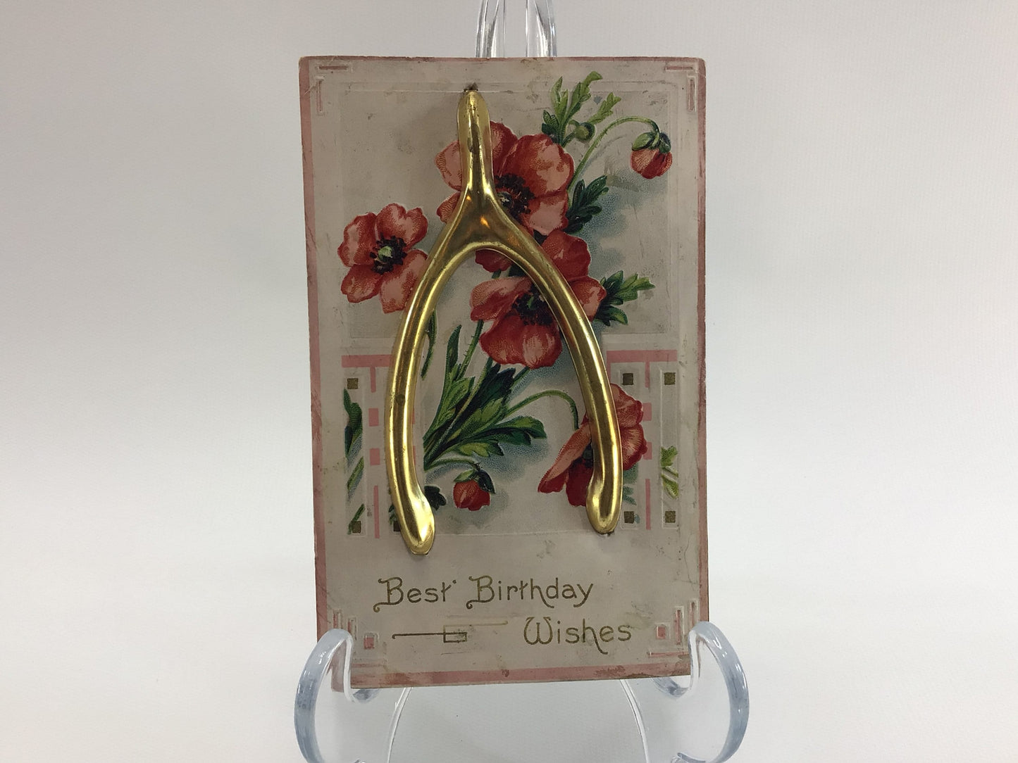 Applique Novelty Birthday Postcard Antique Ephemera Airbrush Embossed Pink Flowers and Applied Metal Wishbone Embellishment