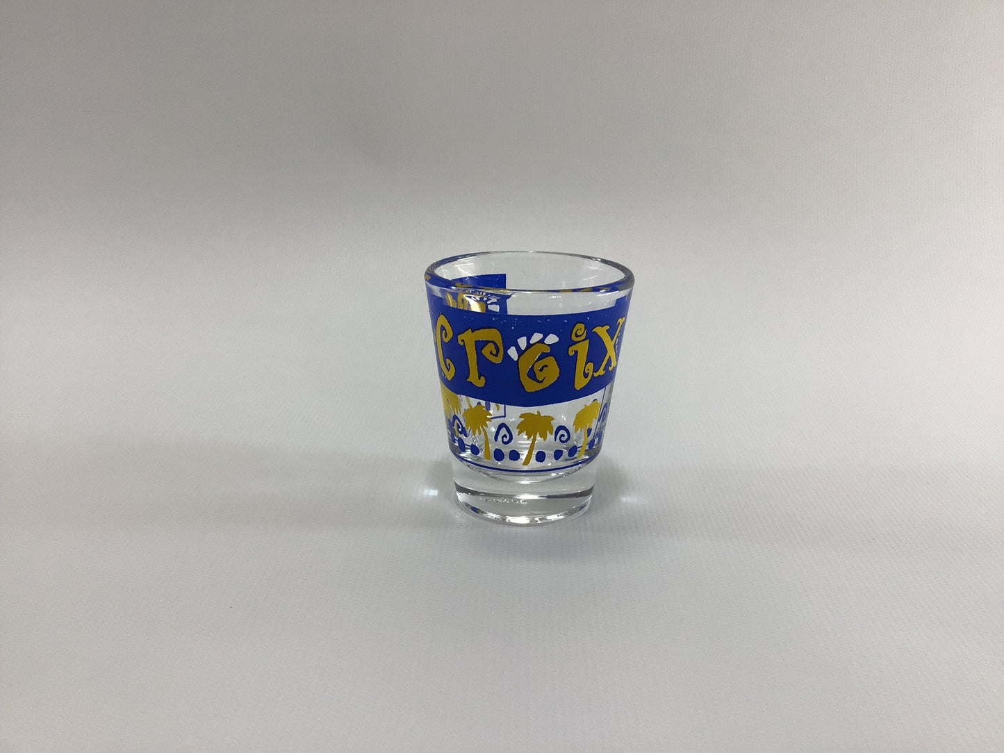 St Croix Souvenir Shot Glass Blue Yellow Jigger Measure Vintage Barware