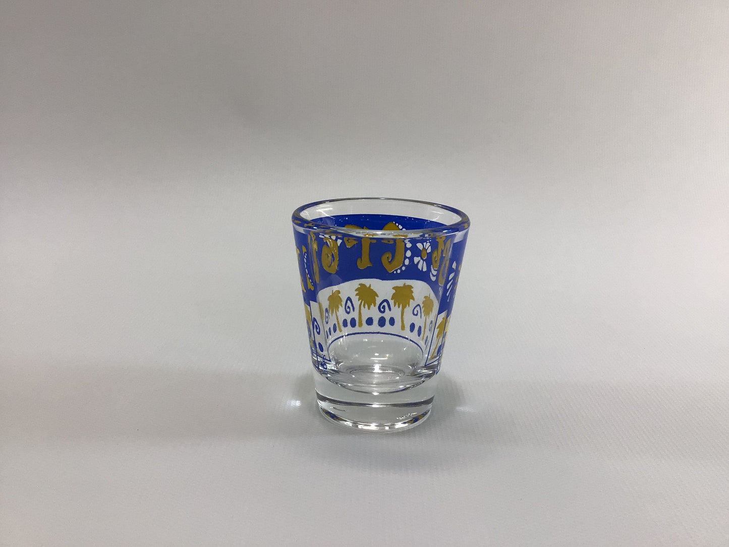 St Croix Souvenir Shot Glass Blue Yellow Jigger Measure Vintage Barware