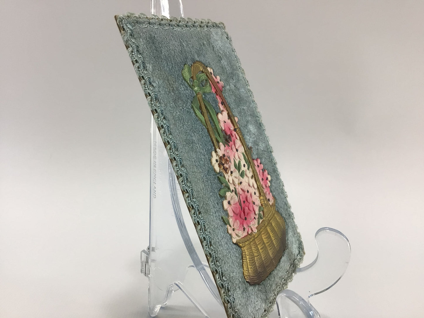 Applique Novelty Postcard Antique Ephemera Bordered Blue Fabric with Applied Airbrush Embossed Flower Basket