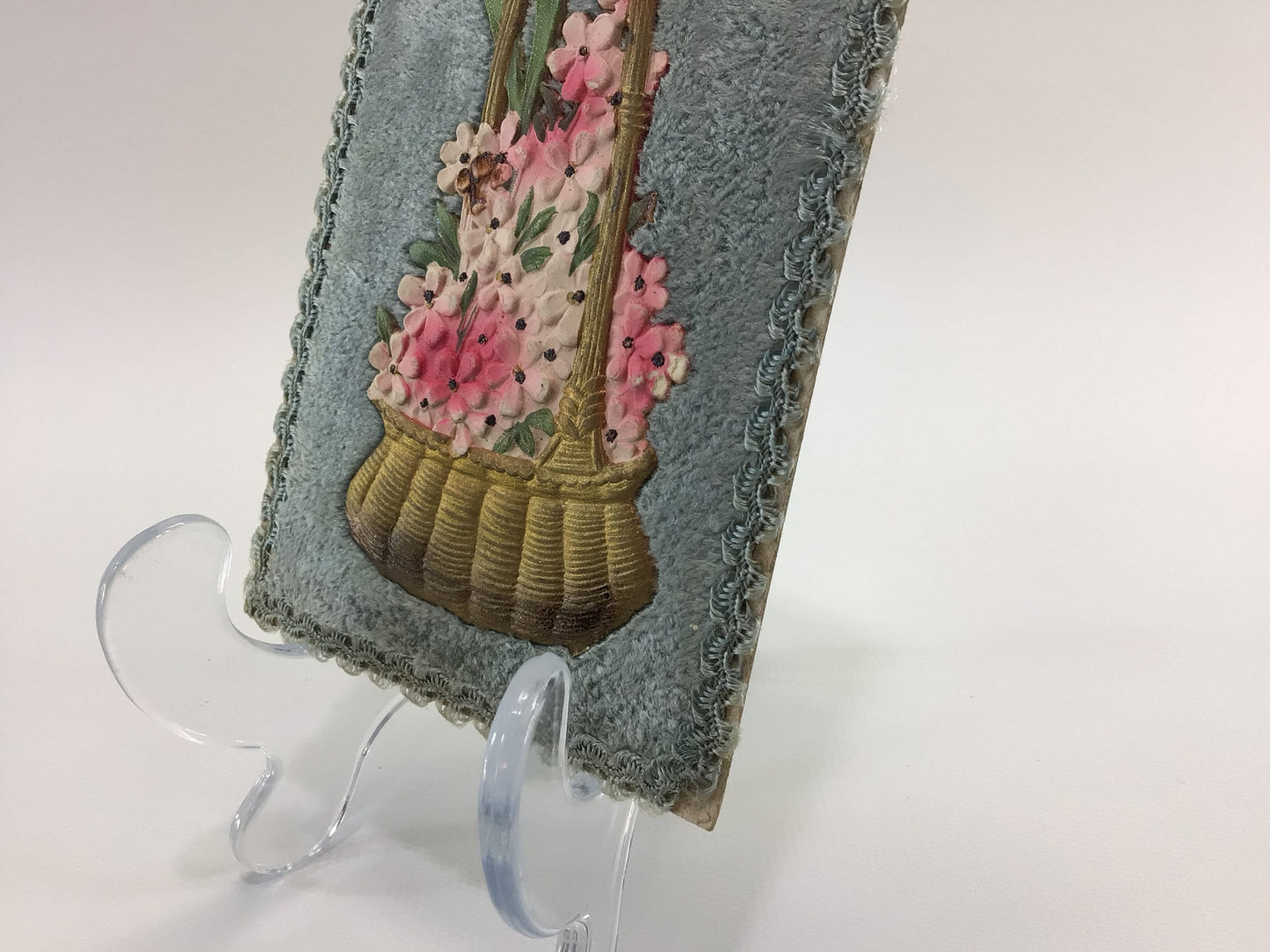 Applique Novelty Postcard Antique Ephemera Bordered Blue Fabric with Applied Airbrush Embossed Flower Basket