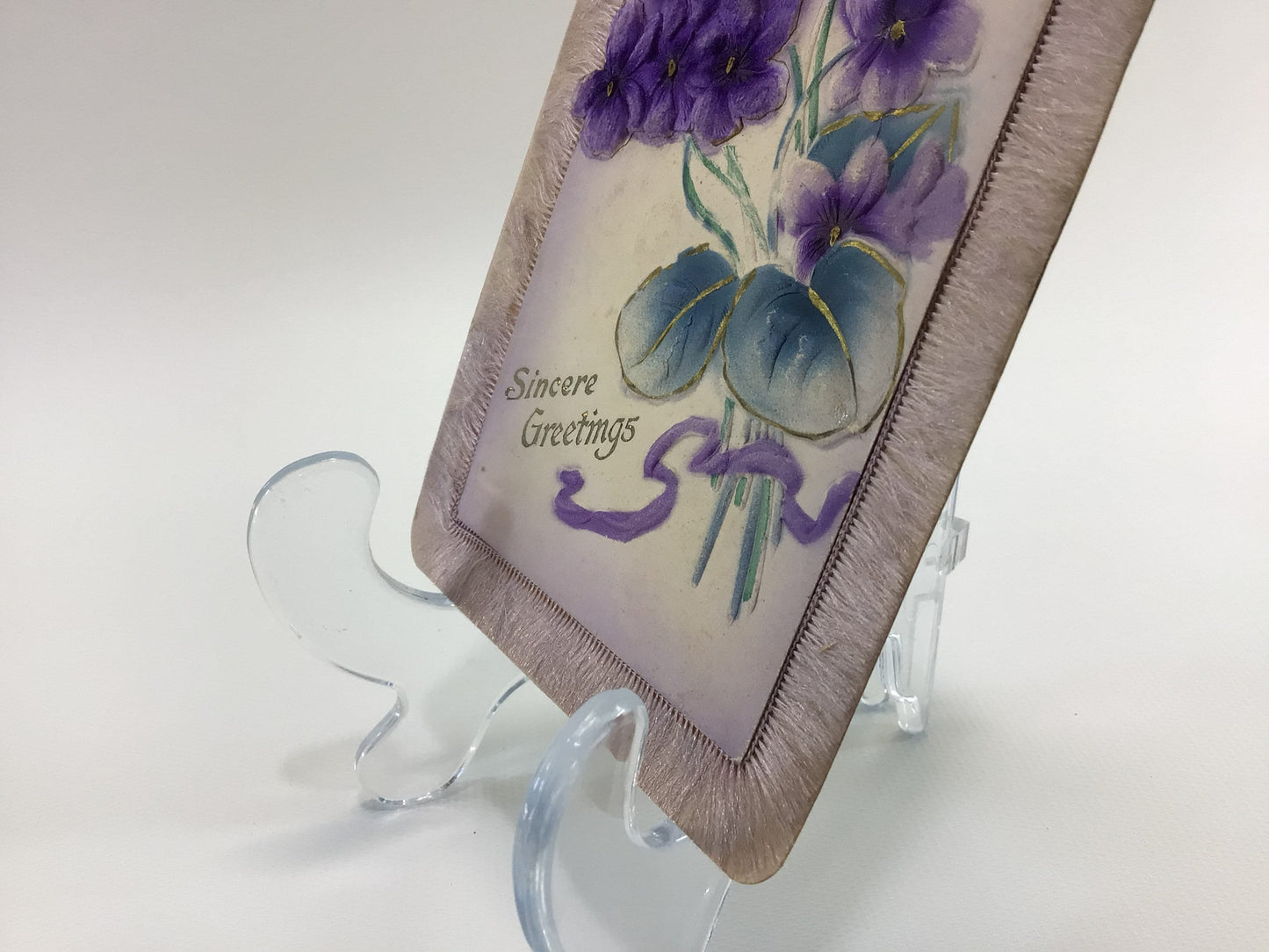 Applique Novelty Greetings Postcard Antique Ephemera Lavender Fringe Border with Applied Airbrush Embossed Purple Flowers