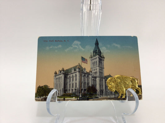 Applique Novelty Location Postcard Antique Ephemera City Hall Buffalo New York with Applied Metal Embellishment