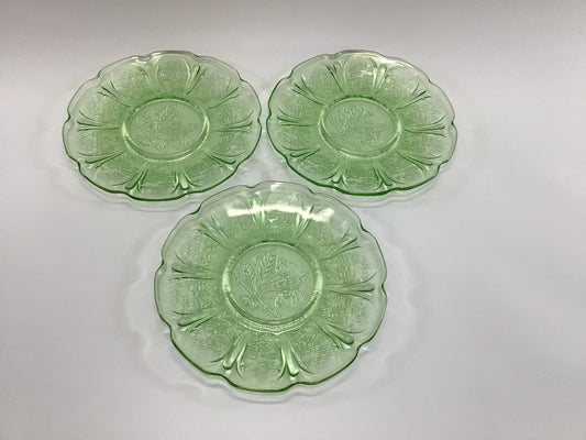 Vaseline Glass Saucers Lot of 3 Vintage Jeanette Cherry Blossom Pattern Replacement Dinnerware Pieces