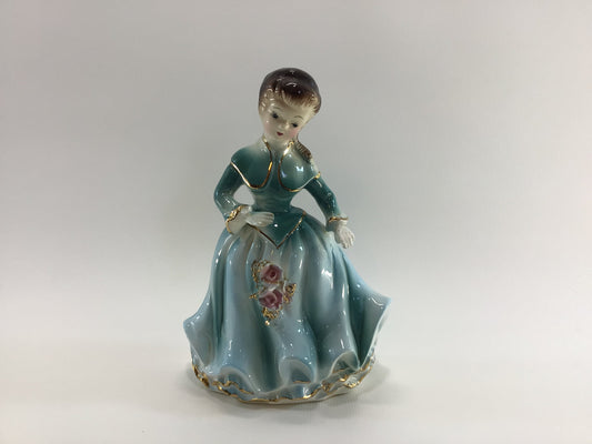 Victorian Lady in Blue with Applied Pink Roses Figurine Vintage Collectible Ceramic Home Decor