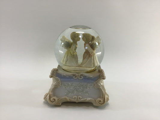 Porcelain Glitter Globe Music Box Christmas Kissing Angels Vintage Holiday Decor plays Silent Night