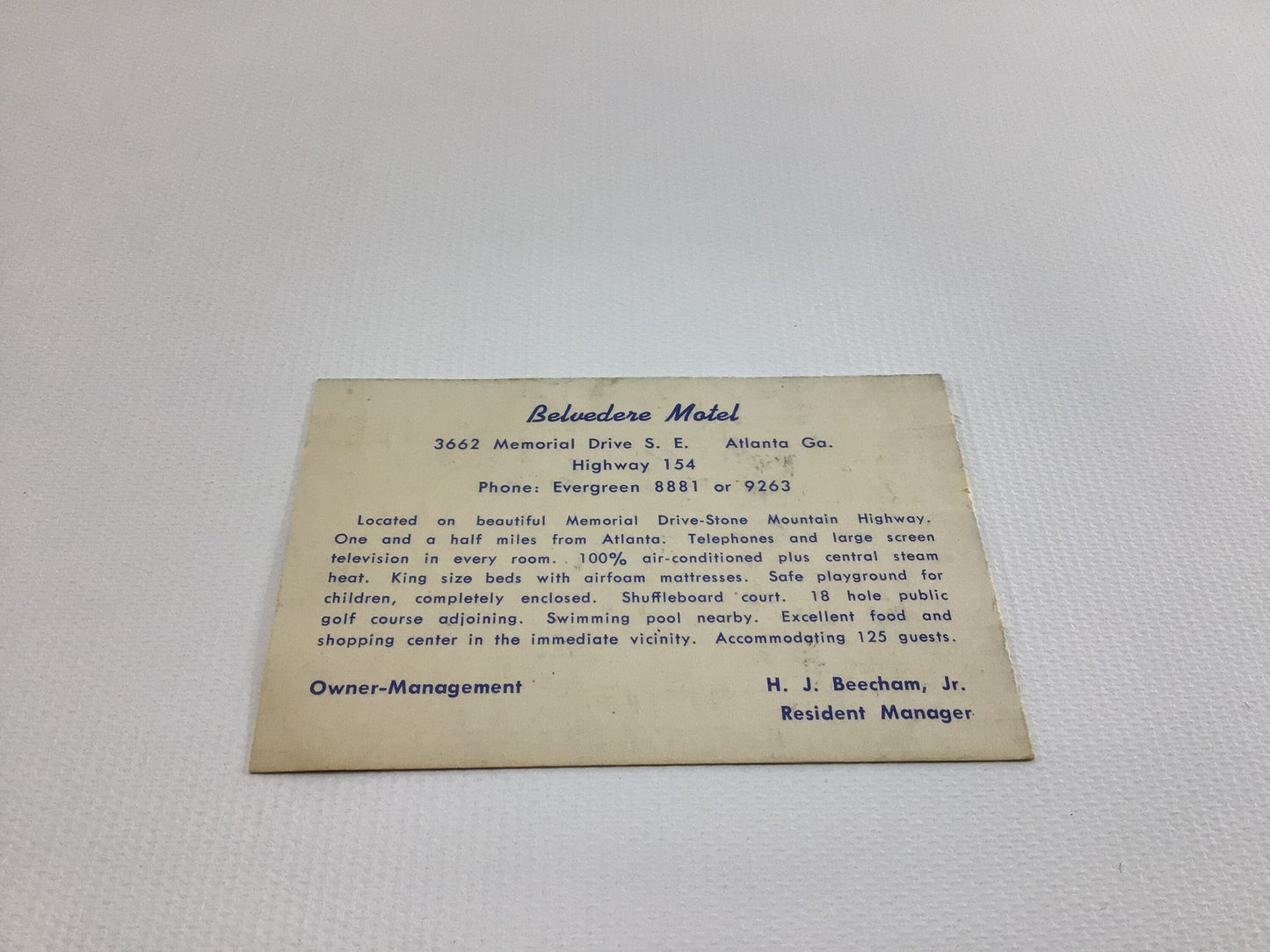 Belvedere Motel Pocket Business Information Card Vintage Atlanta Georgia Ephemera