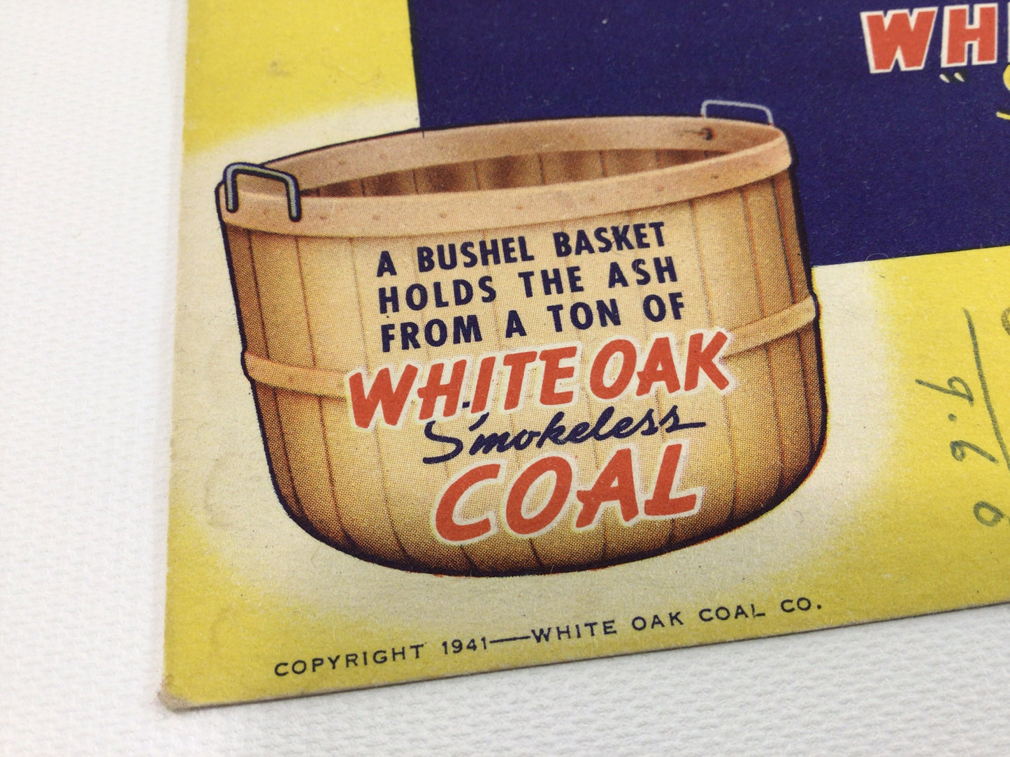 1941 Advertising Ink Blotter White Oak Smokeless Coal Vintage Marshall Michigan Ephemera