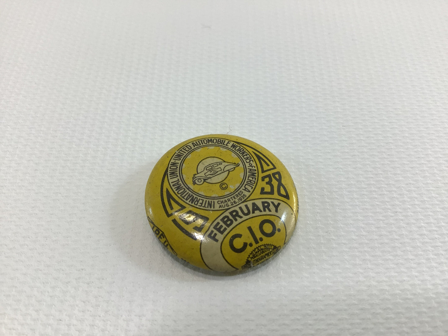 United Automobile Workers 1938 February Convention Pin Vintage Detroit Memorabilia Bastian Bros Celluloid Novelties Pinback Button UAW CIO