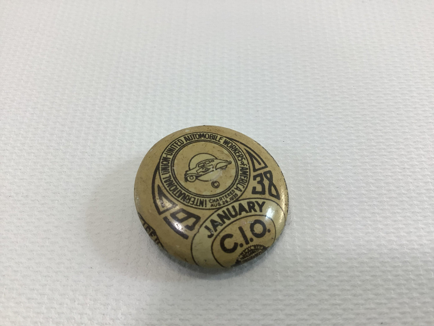 United Automobile Workers 1938 January Convention Pin Vintage Detroit Memorabilia Bastian Bros Celluloid Novelties Pinback Button UAW CIO