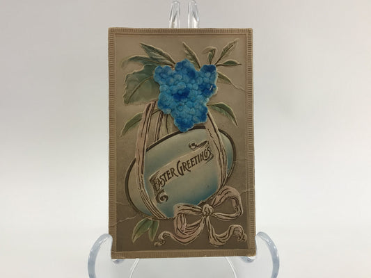 Antique Easter Novelty Postcard Applique Blue Flowers and Embossed Airbrush Egg