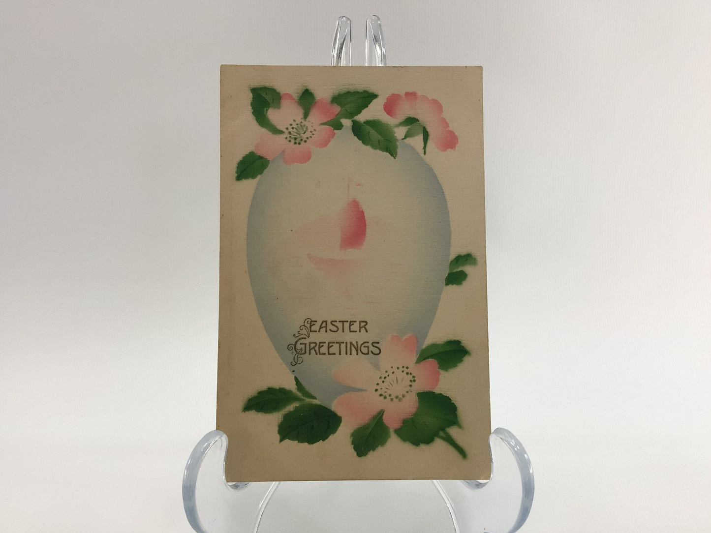 Antique Easter Novelty Postcard Airbrush Linen Blue Egg with Mt Fuji