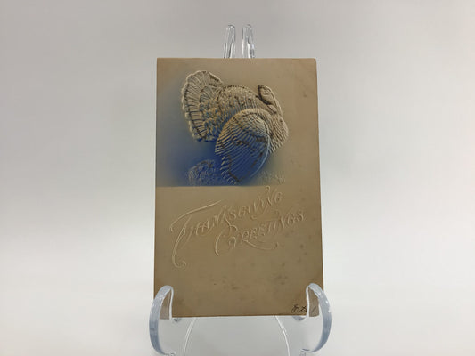 Antique Thanksgiving Novelty Postcard Bas Relief Airbrush Blue Turkey