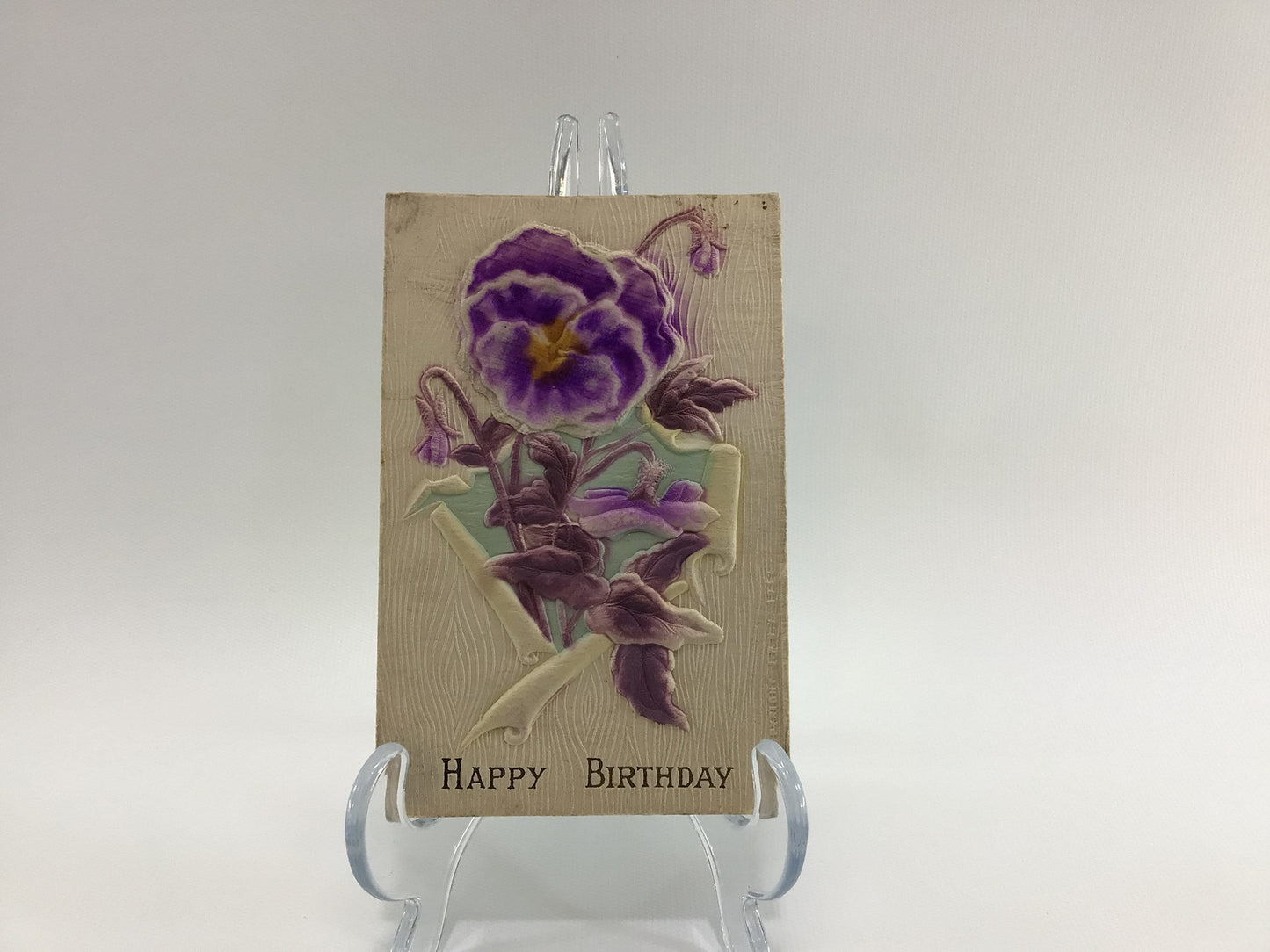 Antique Birthday Novelty Postcard Ephemera Embossed Faux Woodgrain Purple Applique Airbrush Flowers