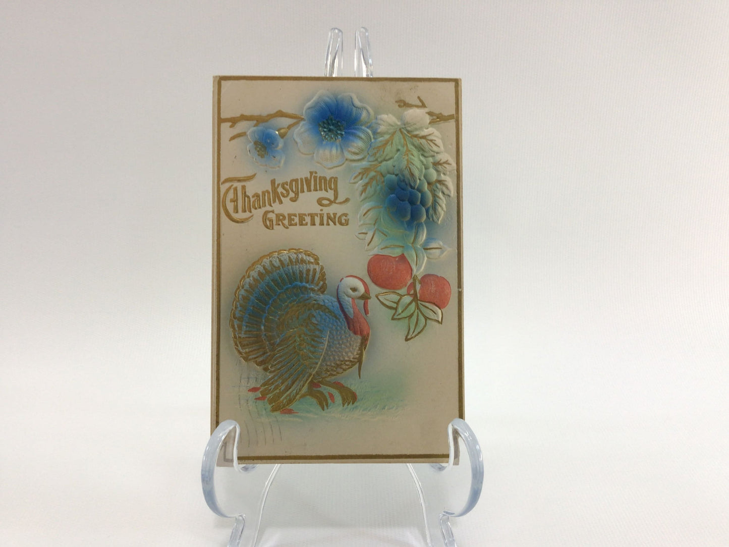 Antique Thanksgiving Novelty Postcard Embossed Airbrush Gold Gilt Blue Turkey and Flowers