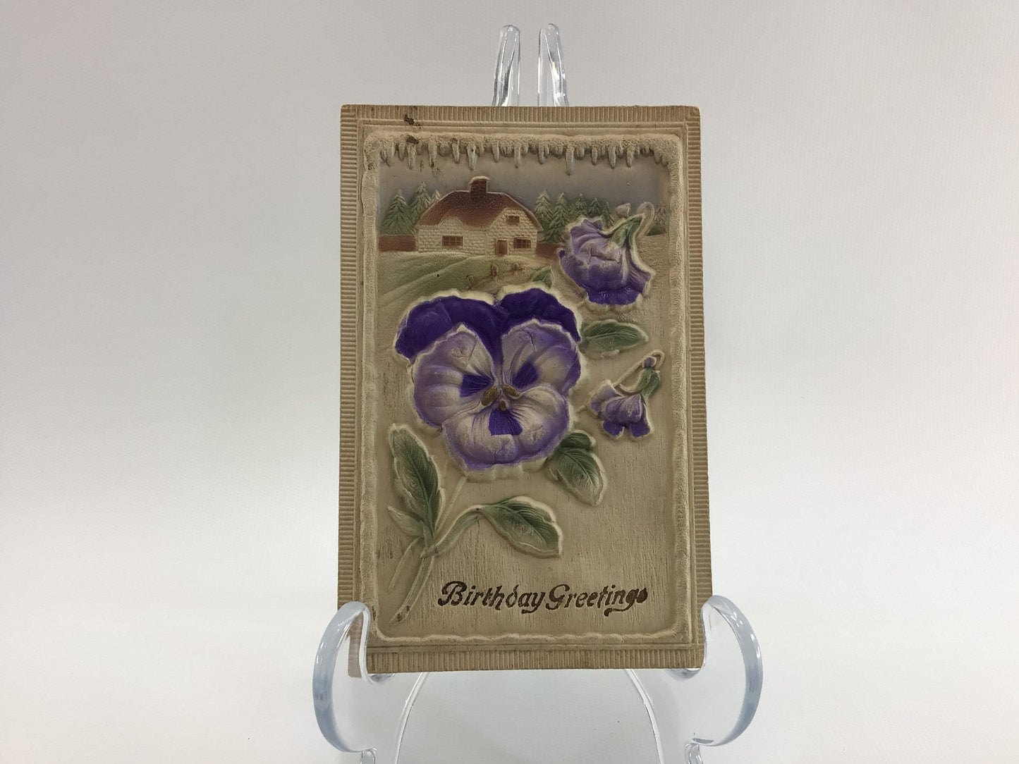 Applique Novelty Birthday Postcard Antique Ephemera Embossed Fabric with Purple Airbrush Flowers and Home