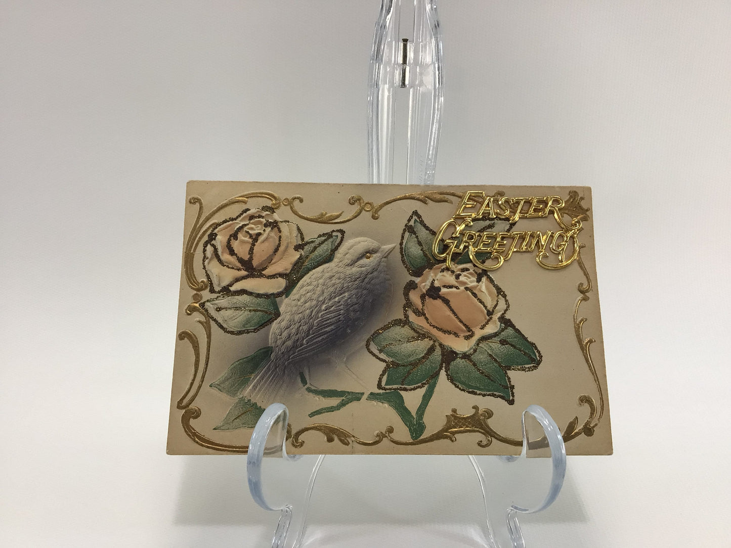 Applique Easter Novelty Postcard Antique Ephemera Embossed Airbrush Bird with Applied Metal Embellishment