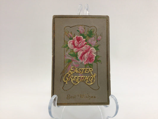 Applique Easter Novelty Postcard Antique Ephemera Embossed Airbrush Pink Roses with Applied Metal Embellishment