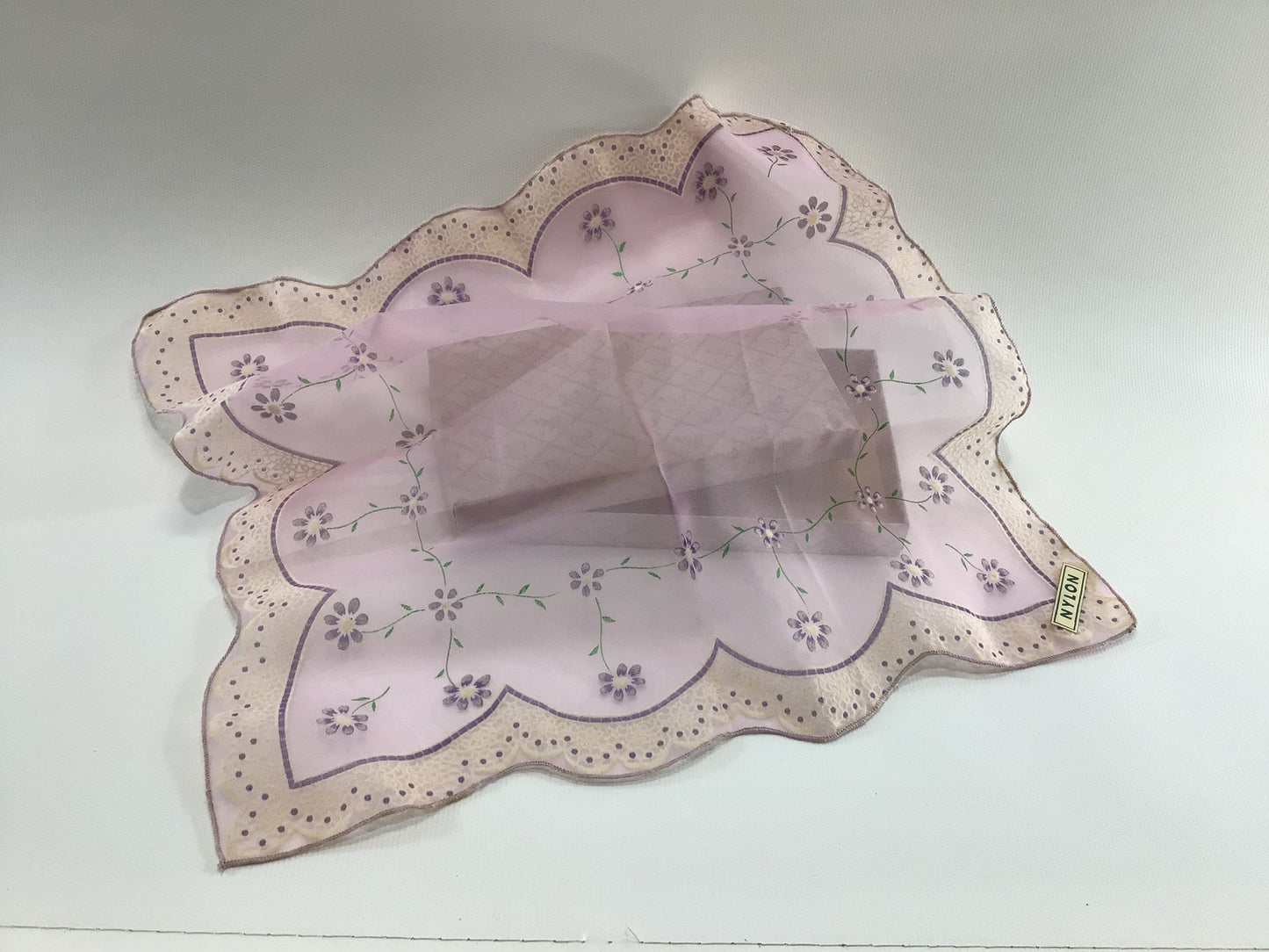 Purple Flowers Nylon Hanky Kitschy Vintage Ladies Handkerchief in Original Gift Box